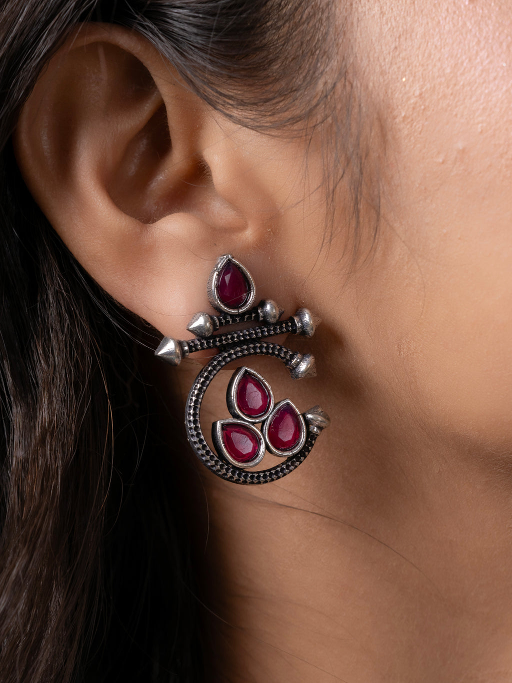 Oxidized Silver Pink Designer Stud Earring LOOK AND ADORN - designed for you