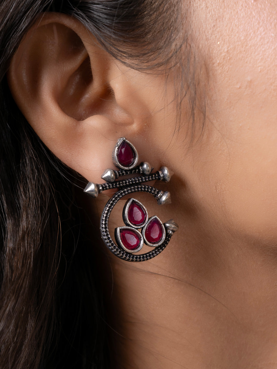 Oxidized Silver Pink Designer Stud Earring LOOK AND ADORN - designed for you