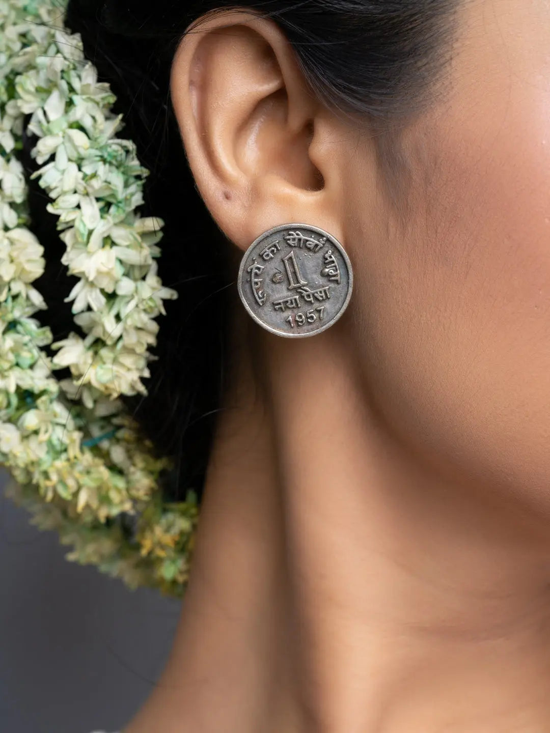 Oxidised Silver 1 Paise Stud Earrings - Lookandadorn.com