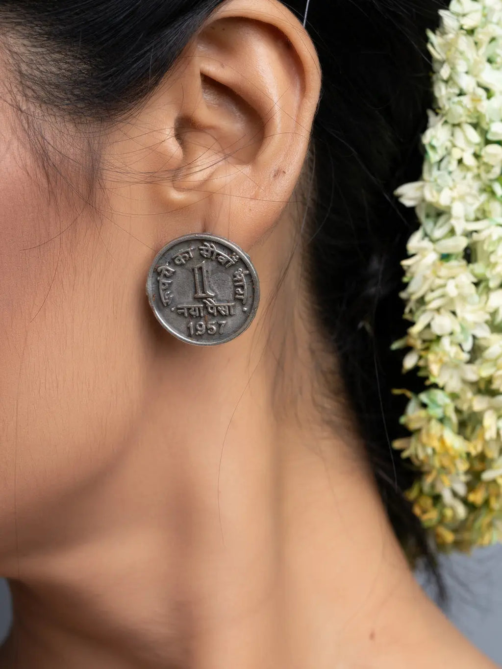 Oxidised Silver 1 Paise Stud Earrings - Lookandadorn.com