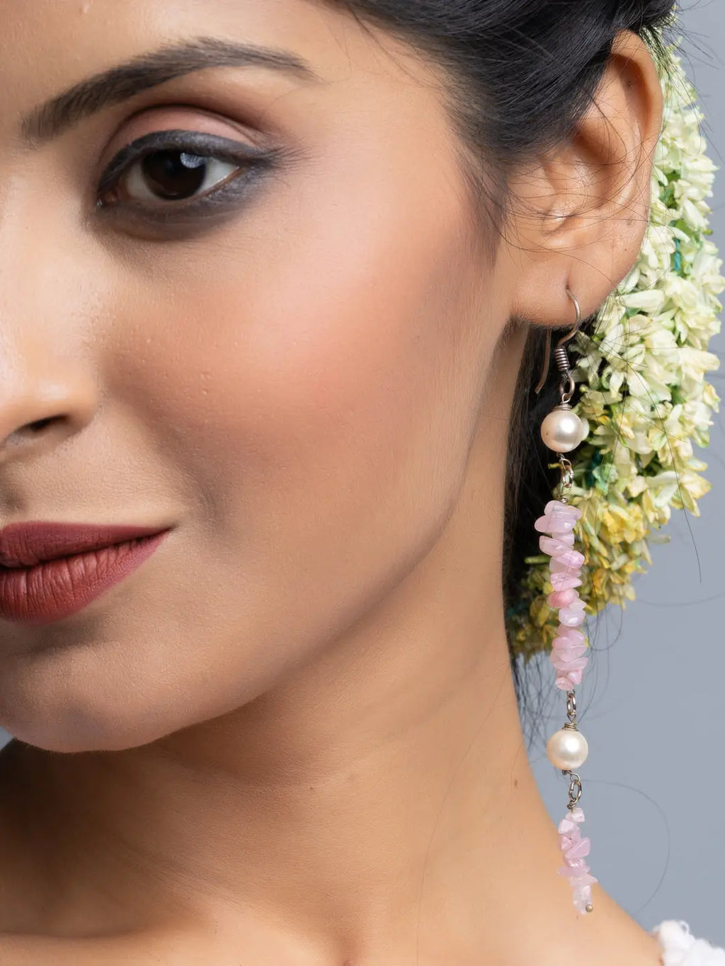 Shell Pearl Pink Stone Chips Long Dangler Earrings - Lookandadorn.com