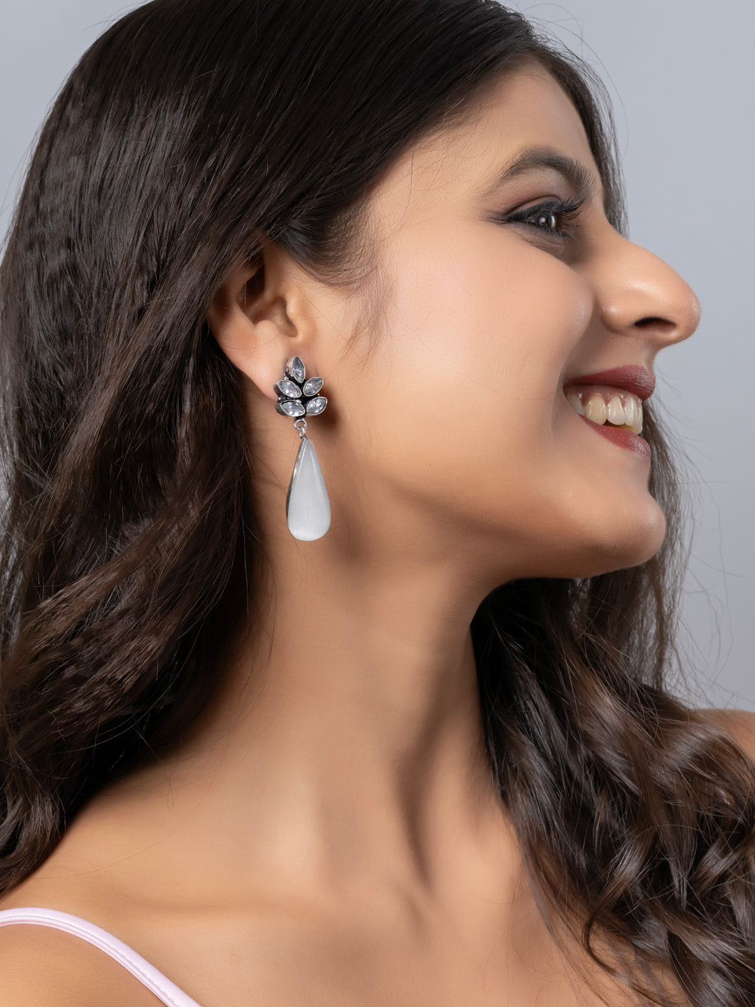 Oxidized Silver White Zircon Monalisa stone Drops Stud Earring LOOK AND ADORN - designed for you
