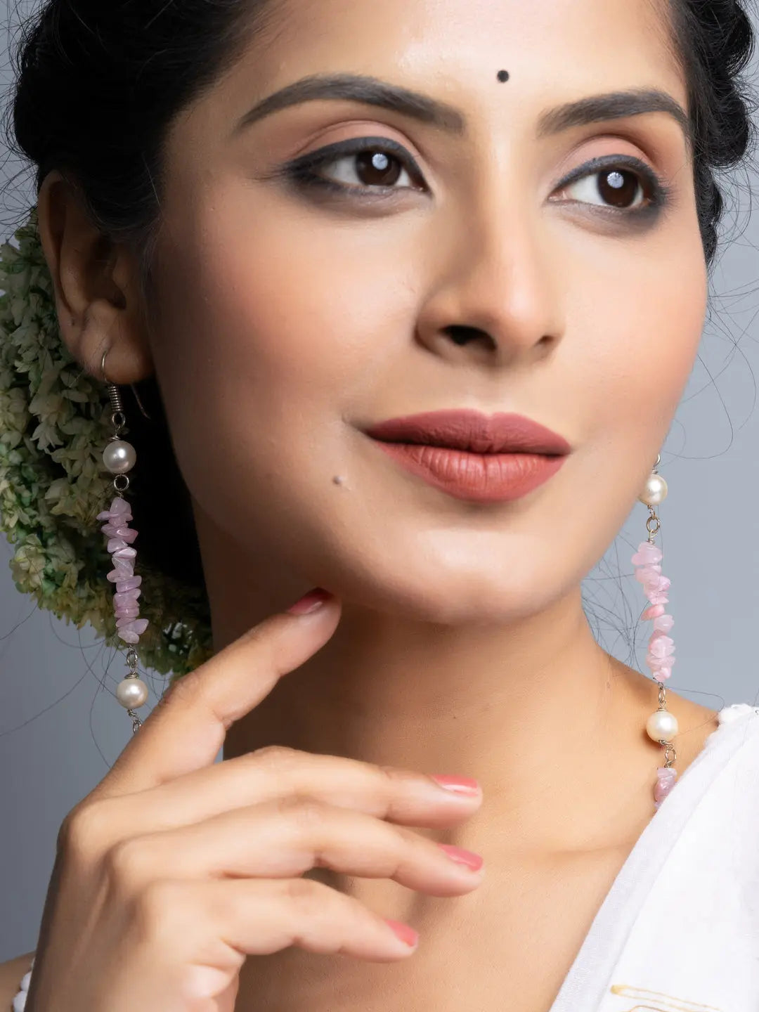 Shell Pearl Pink Stone Chips Long Dangler Earrings - Lookandadorn.com