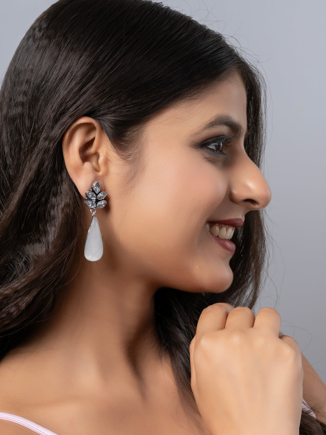 Oxidized Silver White Zircon Monalisa stone Drops Stud Earring LOOK AND ADORN - designed for you