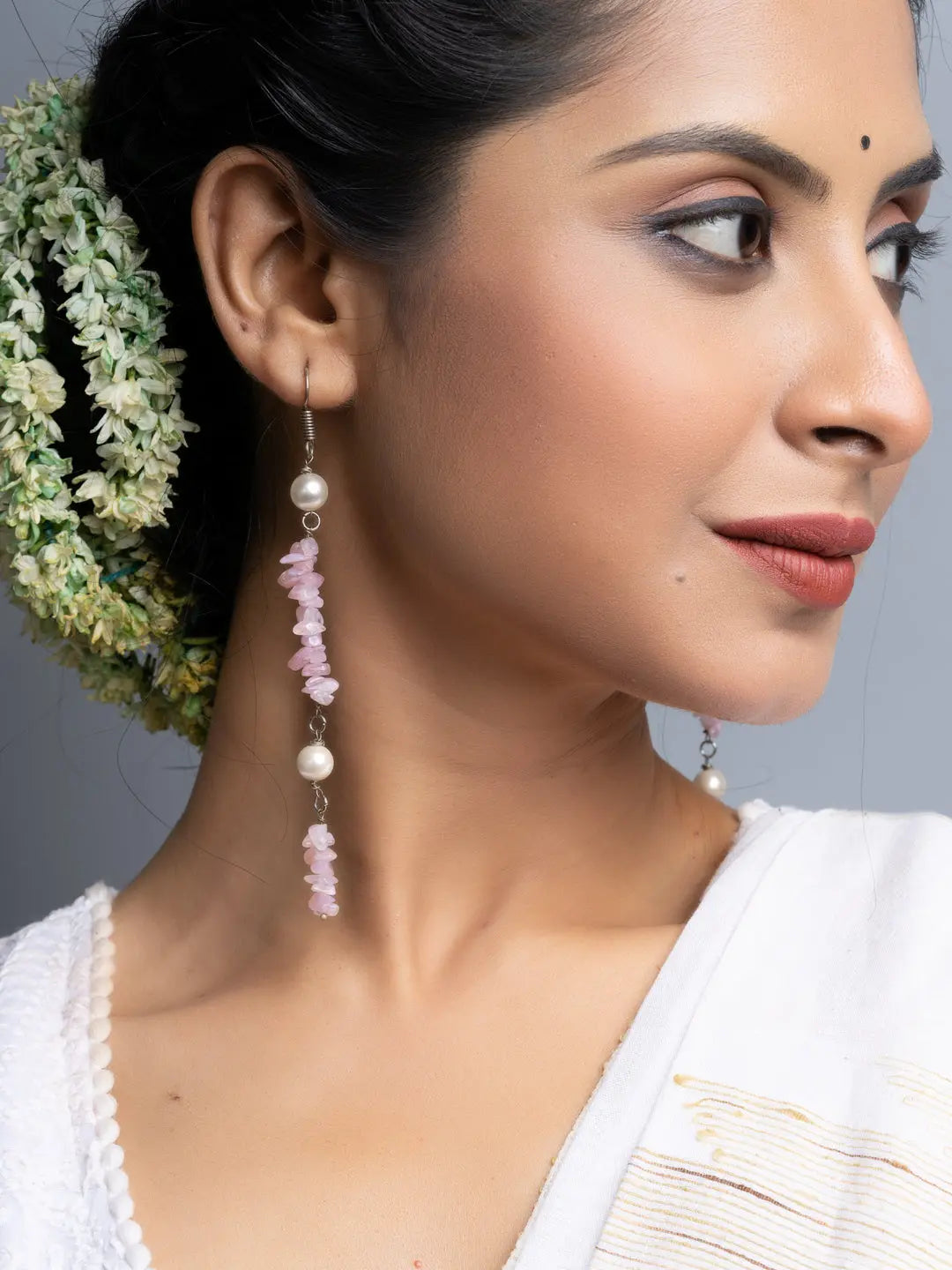 Shell Pearl Pink Stone Chips Long Dangler Earrings - Lookandadorn.com