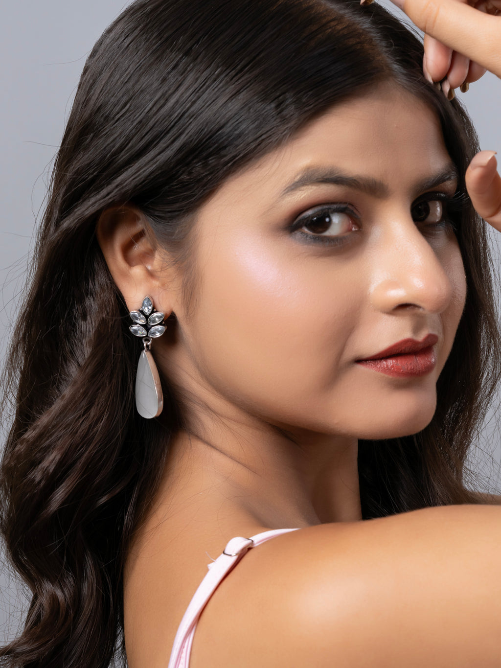 Oxidized Silver White Zircon Monalisa stone Drops Stud Earring LOOK AND ADORN - designed for you