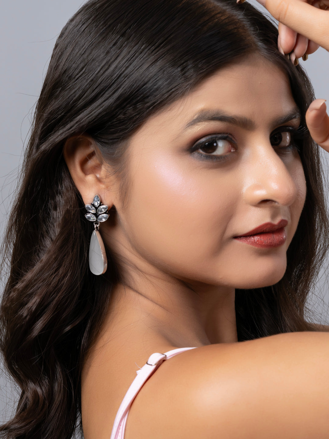 Oxidized Silver White Zircon Monalisa stone Drops Stud Earring LOOK AND ADORN - designed for you