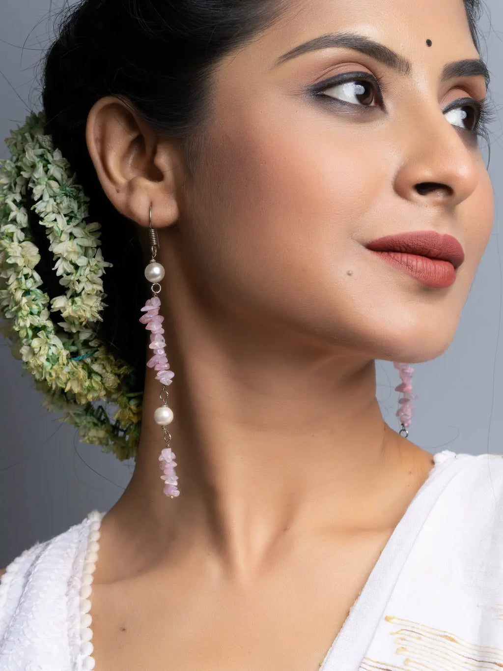 Shell Pearl Pink Stone Chips Long Dangler Earrings - Lookandadorn.com