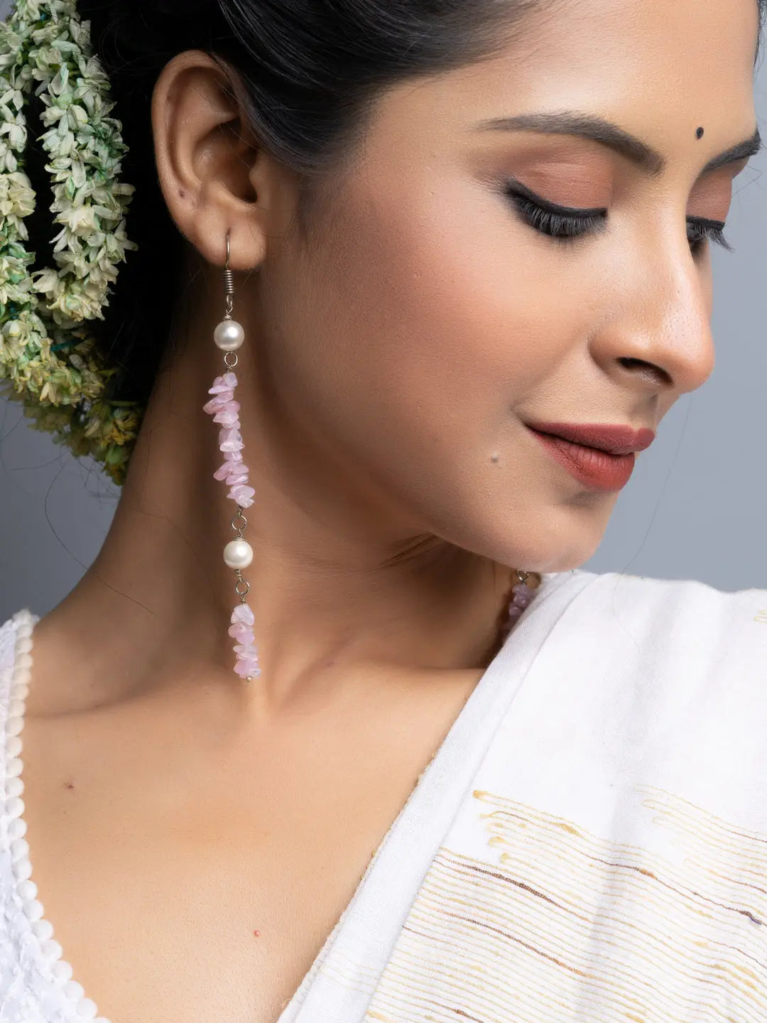 Shell Pearl Pink Stone Chips Long Dangler Earrings