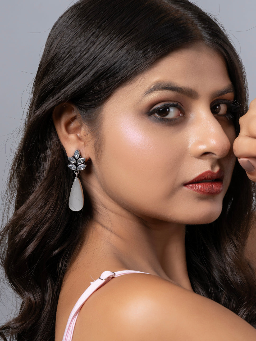 Oxidized Silver White Zircon Monalisa stone Drops Stud Earring LOOK AND ADORN - designed for you