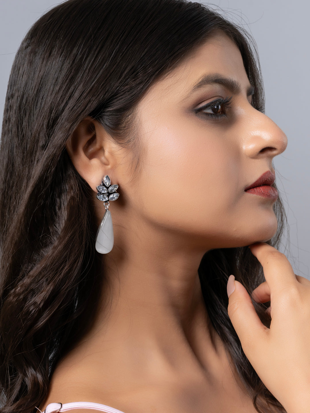 Oxidized Silver White Zircon Monalisa stone Drops Stud Earring LOOK AND ADORN - designed for you
