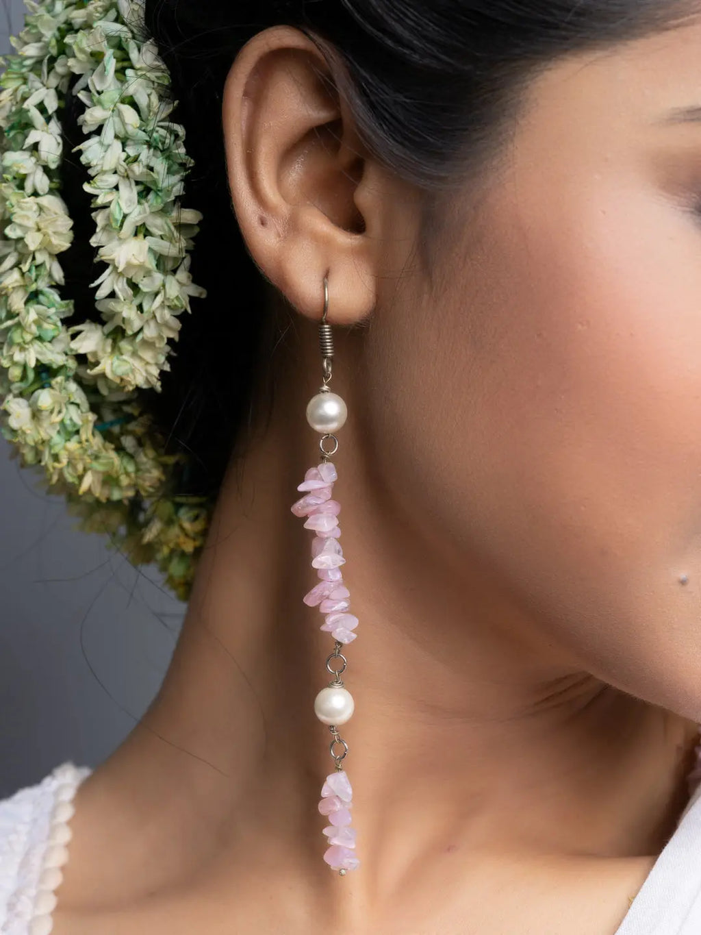 Shell Pearl Pink Stone Chips Long Dangler Earrings - Lookandadorn.com