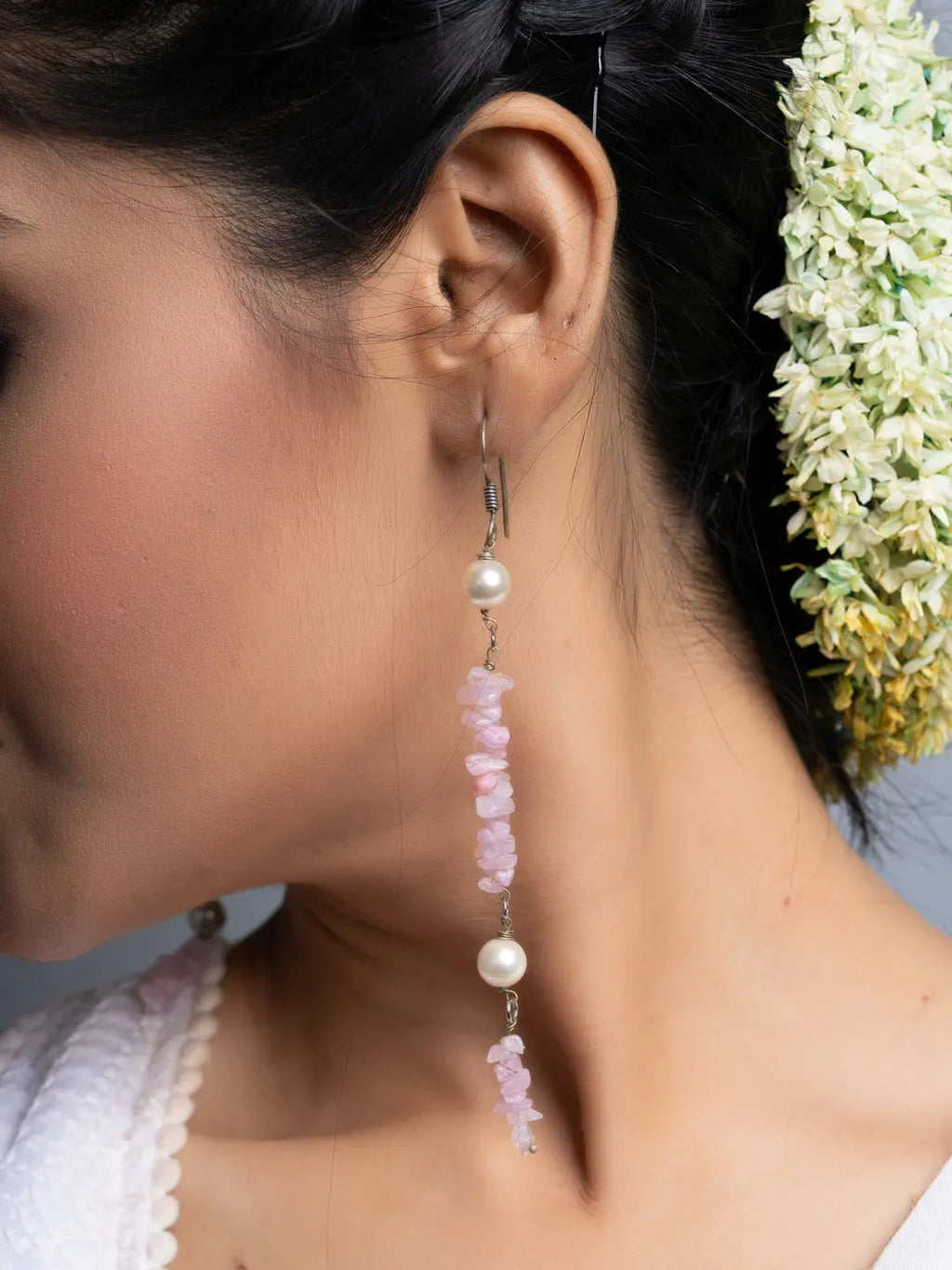 Shell Pearl Pink Stone Chips Long Dangler Earrings - Lookandadorn.com