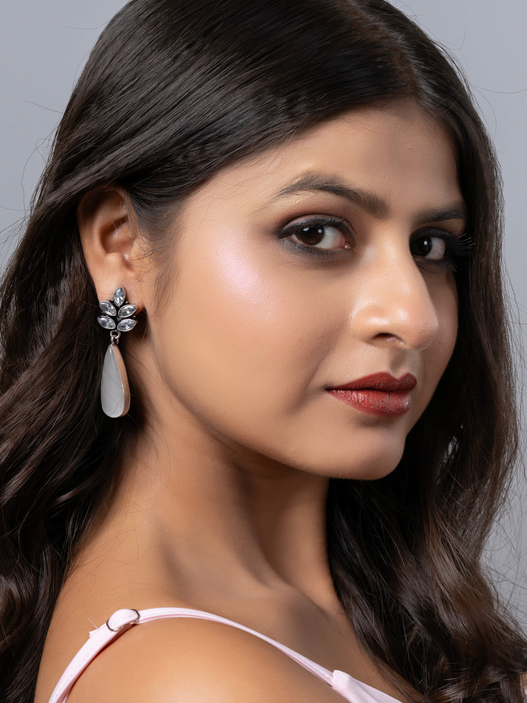 Oxidized Silver White Zircon Monalisa stone Drops Stud Earring LOOK AND ADORN - designed for you