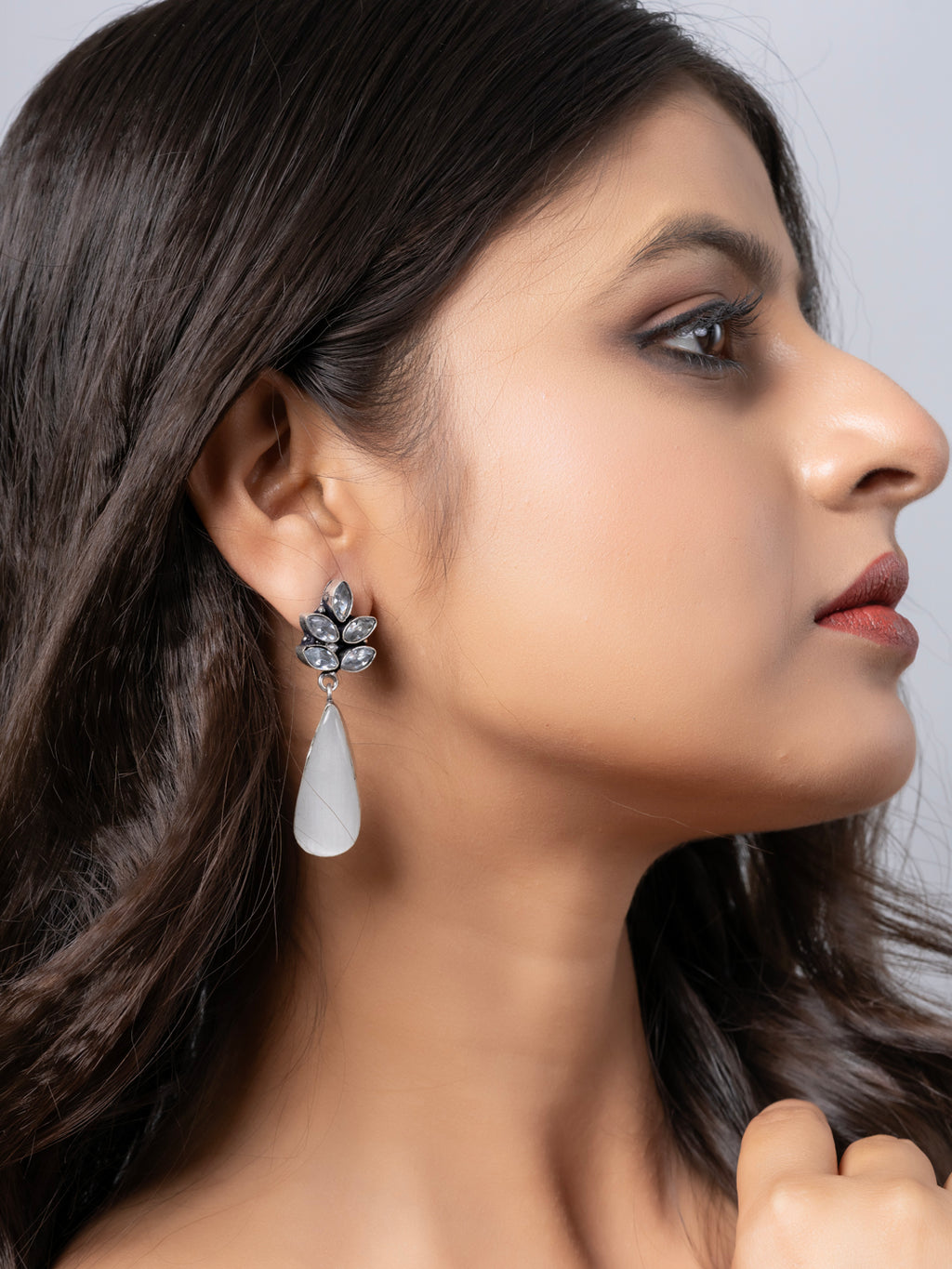 Oxidized Silver White Zircon Monalisa stone Drops Stud Earring LOOK AND ADORN - designed for you
