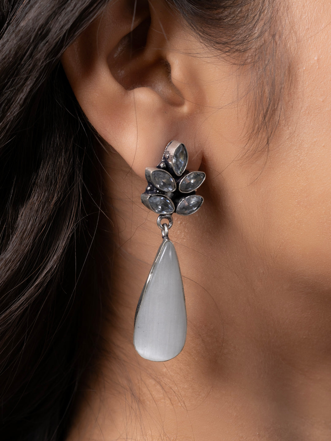 Oxidized Silver White Zircon Monalisa stone Drops Stud Earring LOOK AND ADORN - designed for you