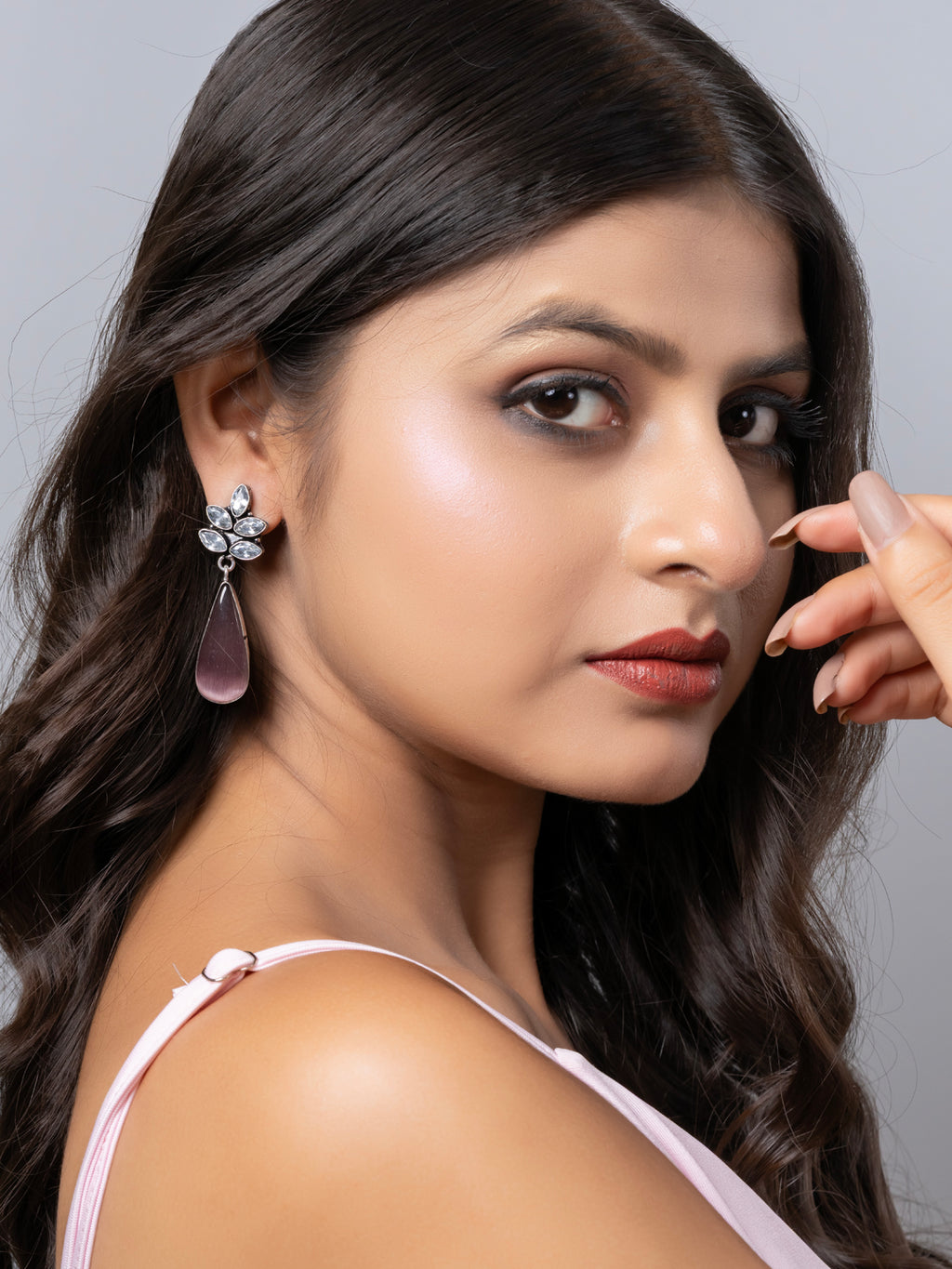 Oxidized Silver  White Zircon Purple Monalisa stone Drops Stud Earring LOOK AND ADORN - designed for you