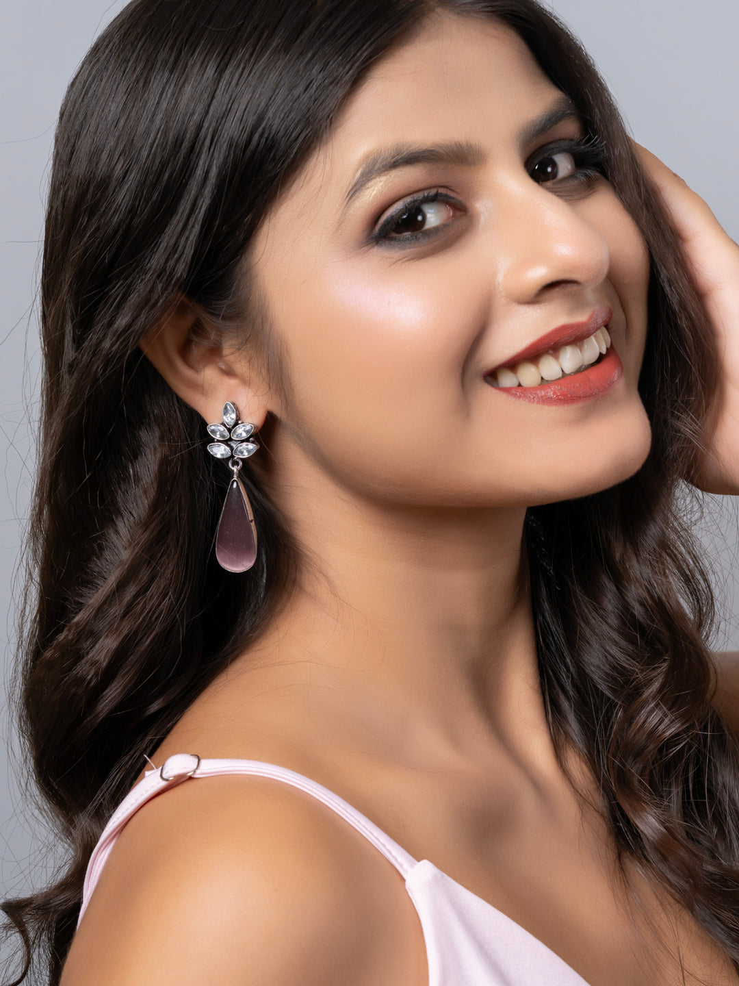 Oxidized Silver  White Zircon Purple Monalisa stone Drops Stud Earring LOOK AND ADORN - designed for you