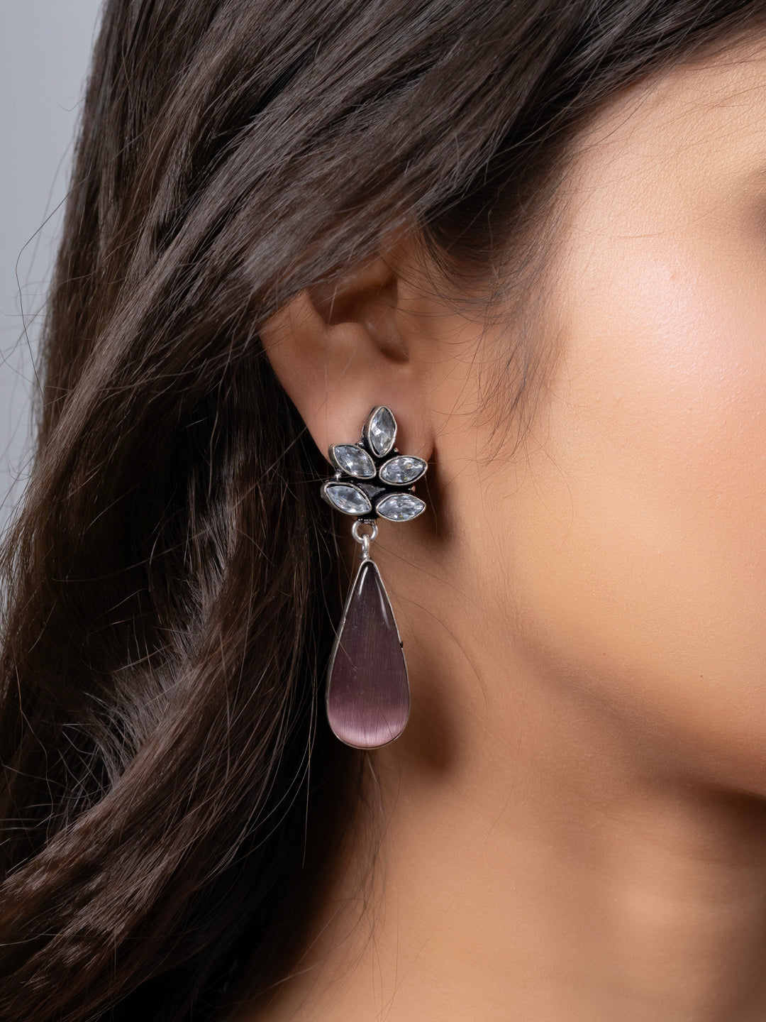 Oxidized Silver  White Zircon Purple Monalisa stone Drops Stud Earring LOOK AND ADORN - designed for you