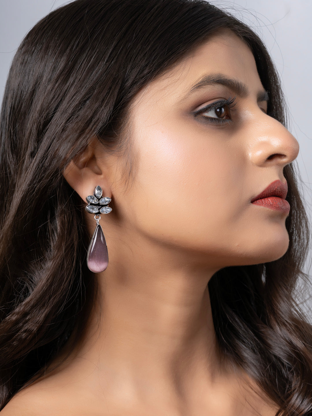 Oxidized Silver  White Zircon Purple Monalisa stone Drops Stud Earring LOOK AND ADORN - designed for you