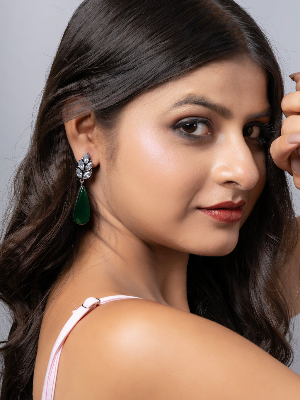 Oxidized Silver White Zircon Green Monalisa stone Drops Stud Earring LOOK AND ADORN - designed for you