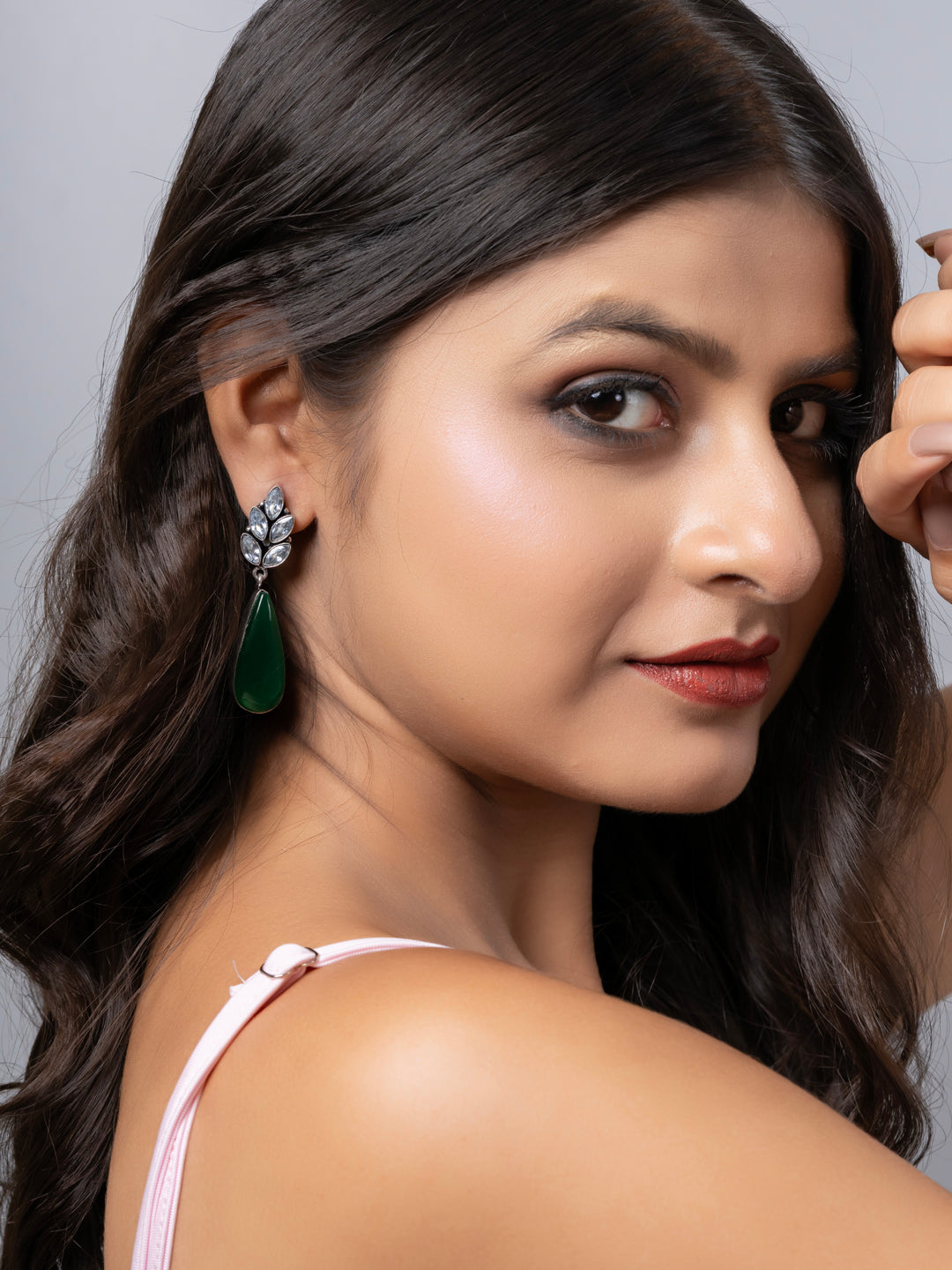 Oxidized Silver White Zircon Green Monalisa stone Drops Stud Earring LOOK AND ADORN - designed for you