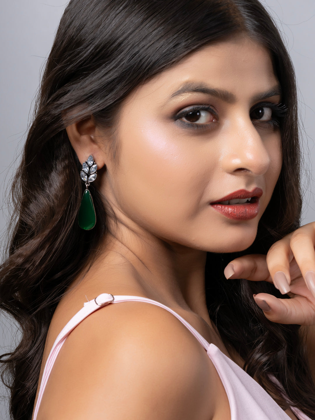 Oxidized Silver White Zircon Green Monalisa stone Drops Stud Earring LOOK AND ADORN - designed for you