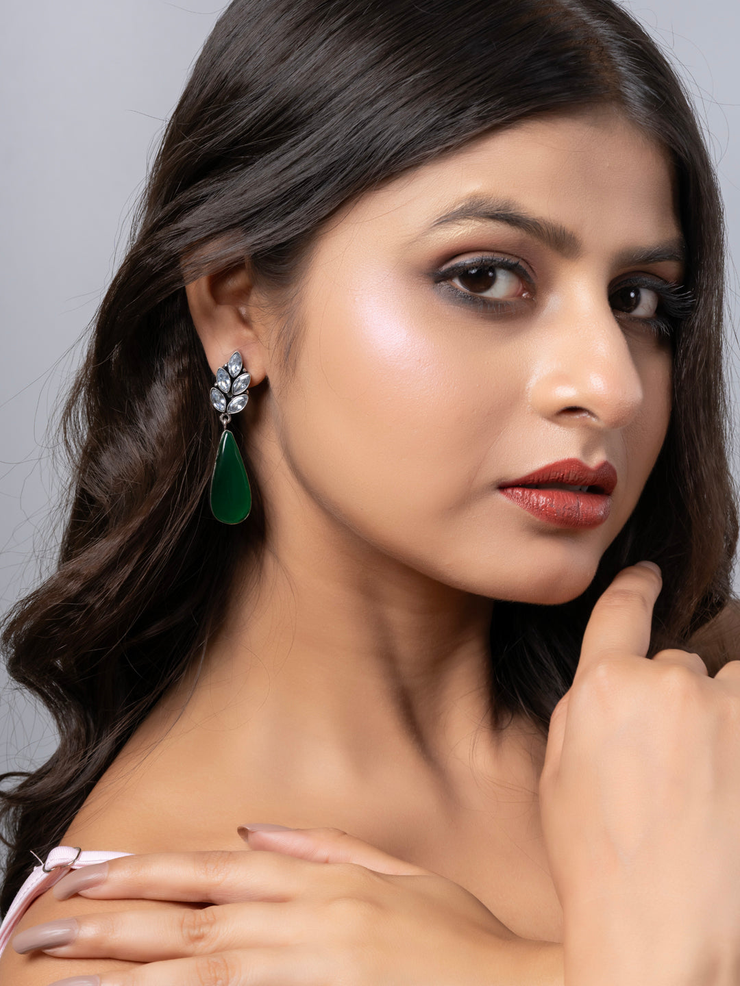 Oxidized Silver White Zircon Green Monalisa stone Drops Stud Earring LOOK AND ADORN - designed for you