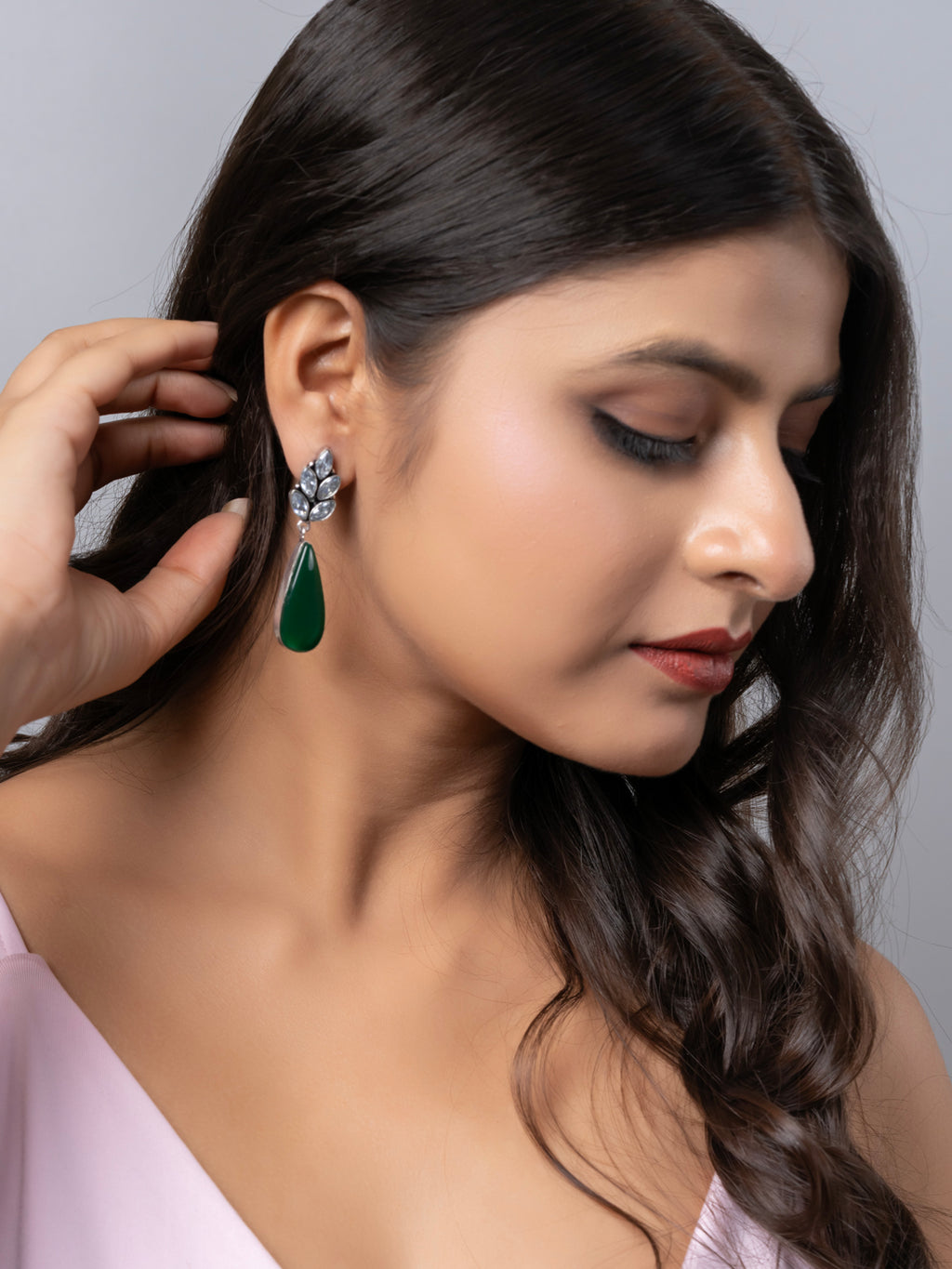 Oxidized Silver White Zircon Green Monalisa stone Drops Stud Earring LOOK AND ADORN - designed for you