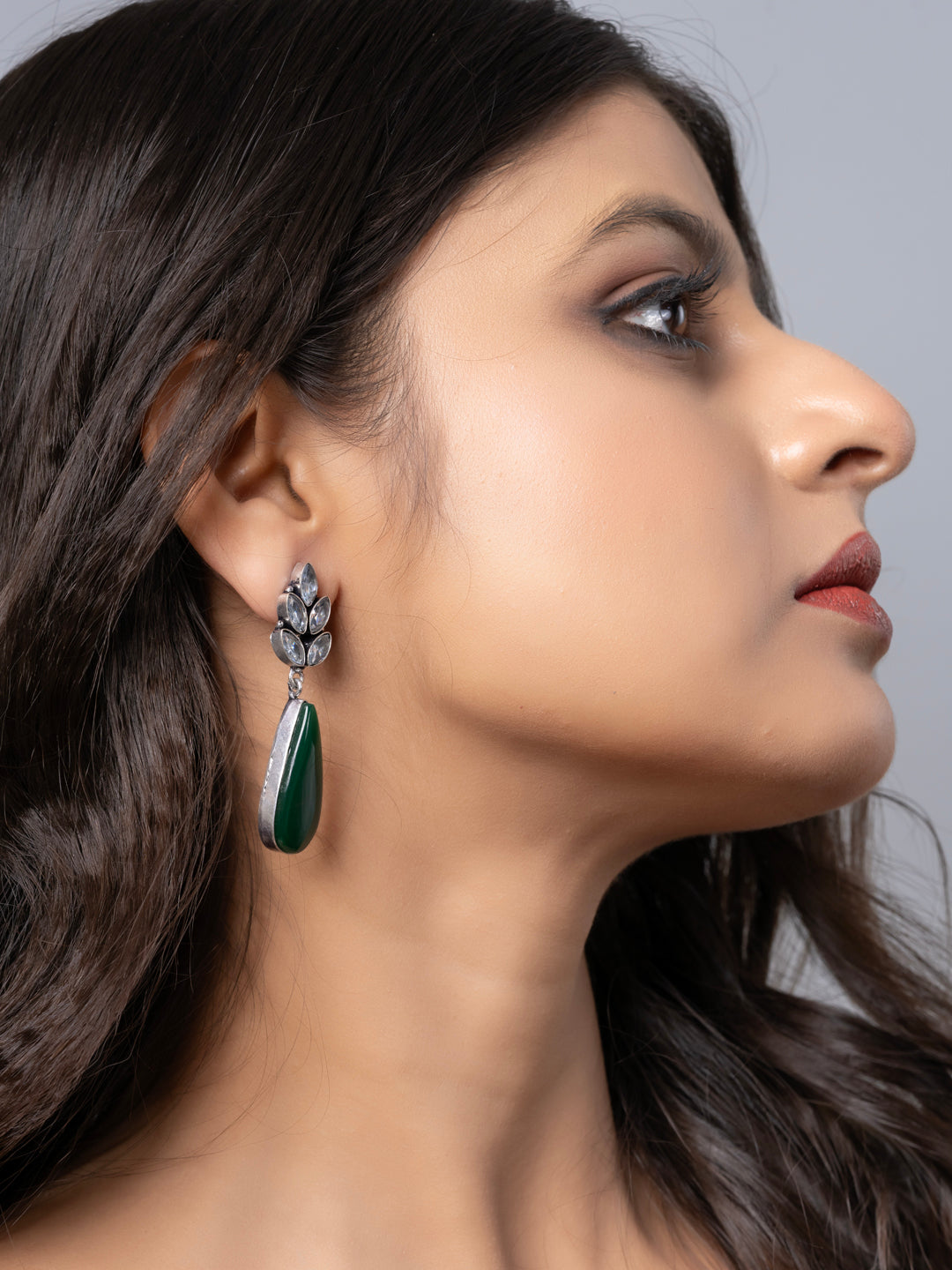 Oxidized Silver White Zircon Green Monalisa stone Drops Stud Earring LOOK AND ADORN - designed for you