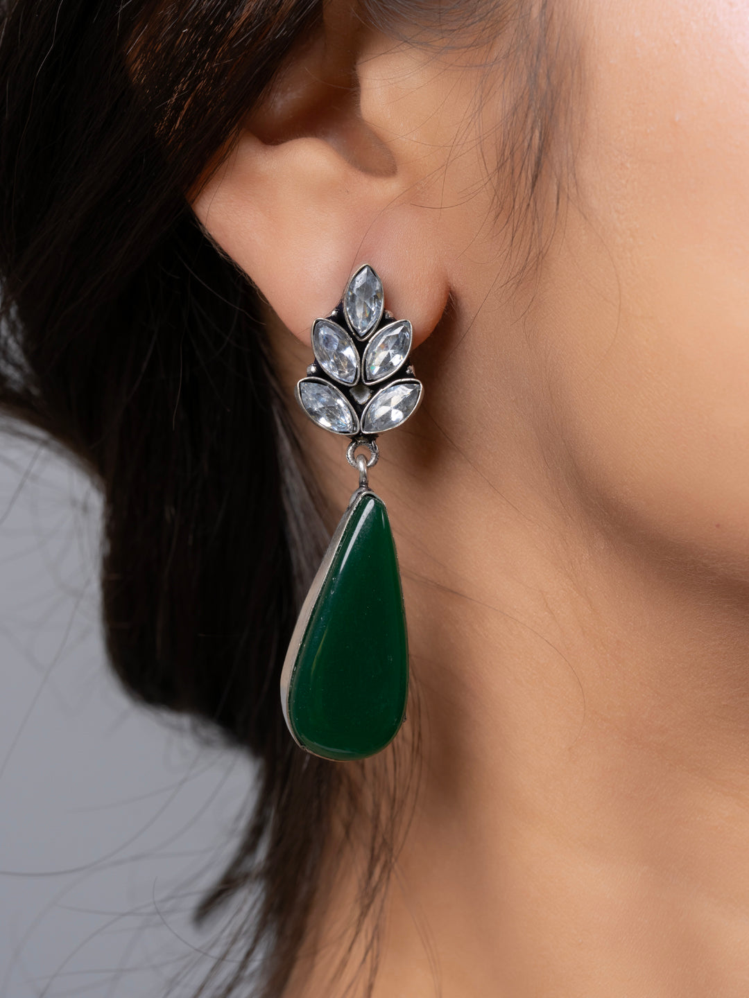 Oxidized Silver White Zircon Green Monalisa stone Drops Stud Earring LOOK AND ADORN - designed for you
