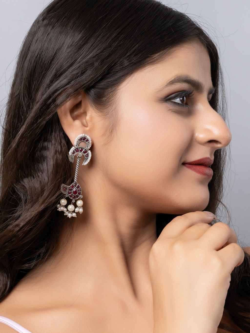 Oxidized Silver White Red Pearl Kemp Designer Stud Dangler Earring LOOK AND ADORN - designed for you