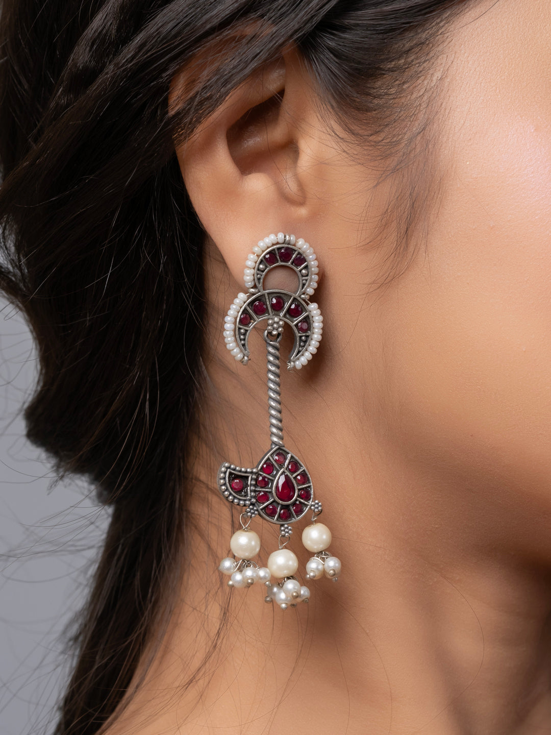 Oxidized Silver White Red Pearl Kemp Designer Stud Dangler Earring LOOK AND ADORN - designed for you