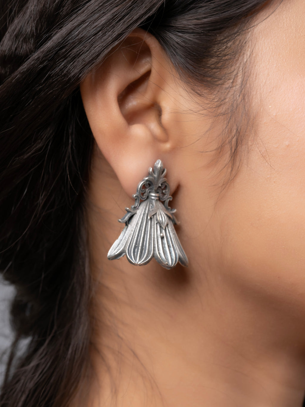 Quirky Oxidized Silver Floral Statement Stud Earring LOOK AND ADORN - designed for you
