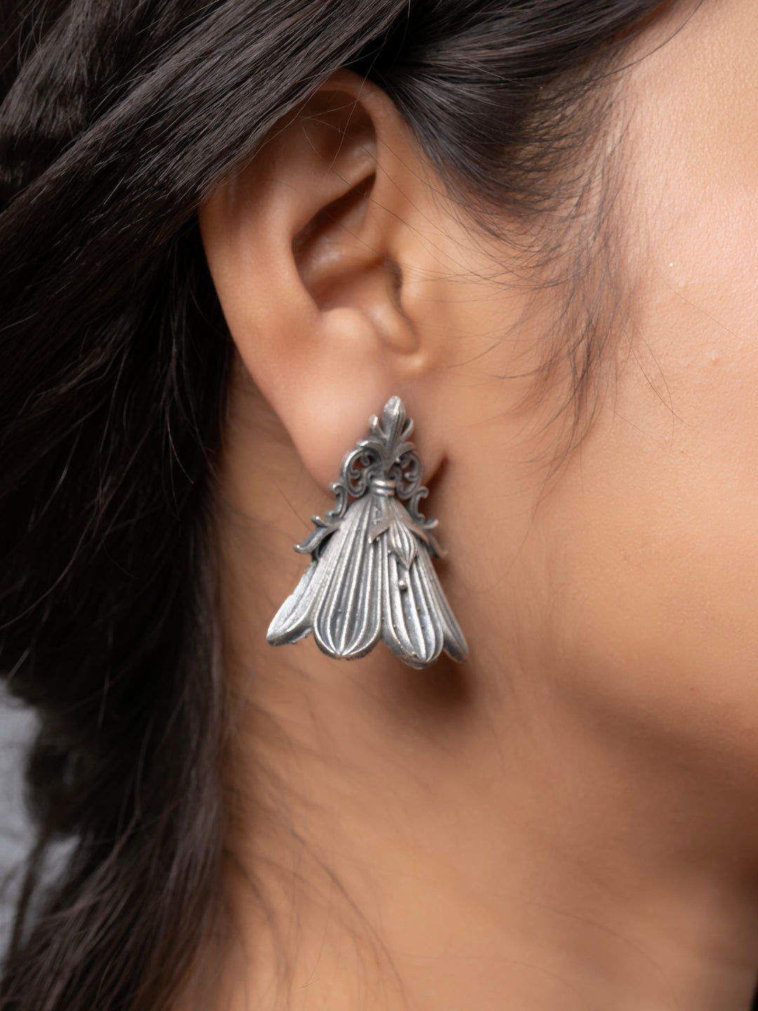 Quirky Oxidized Silver Floral Statement Stud Earring LOOK AND ADORN - designed for you