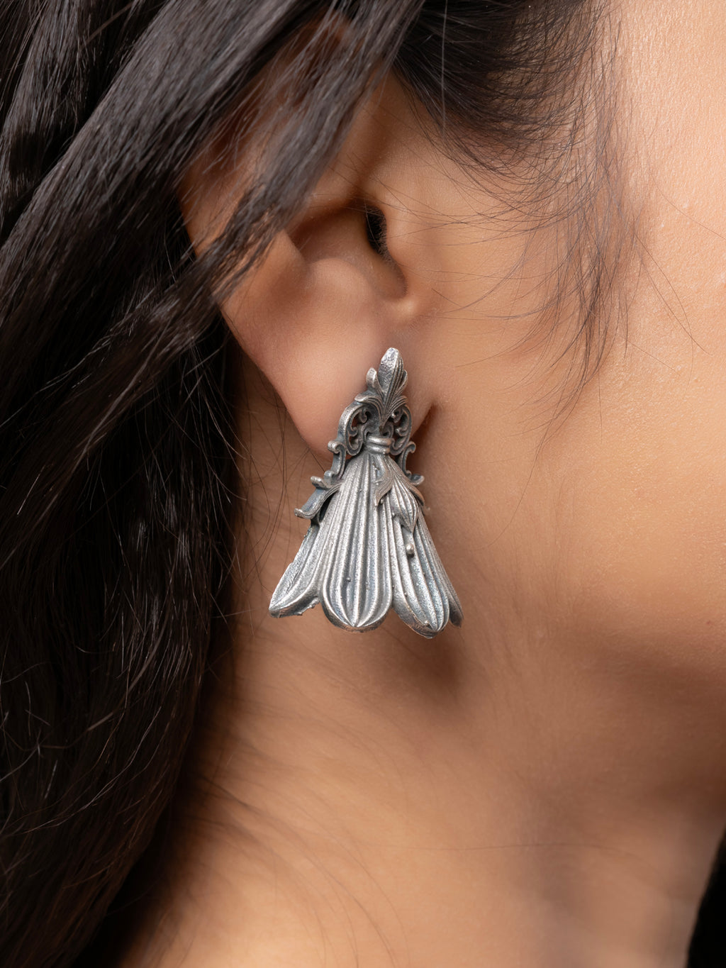 Quirky Oxidized Silver Floral Statement Stud Earring LOOK AND ADORN - designed for you
