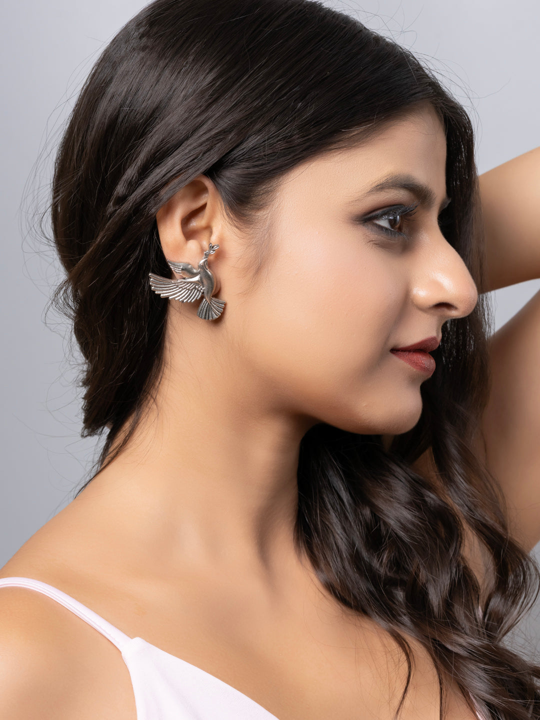 Quirky Oxidized Silver Bird Peace Statement Stud Earrings LOOK AND ADORN - designed for you