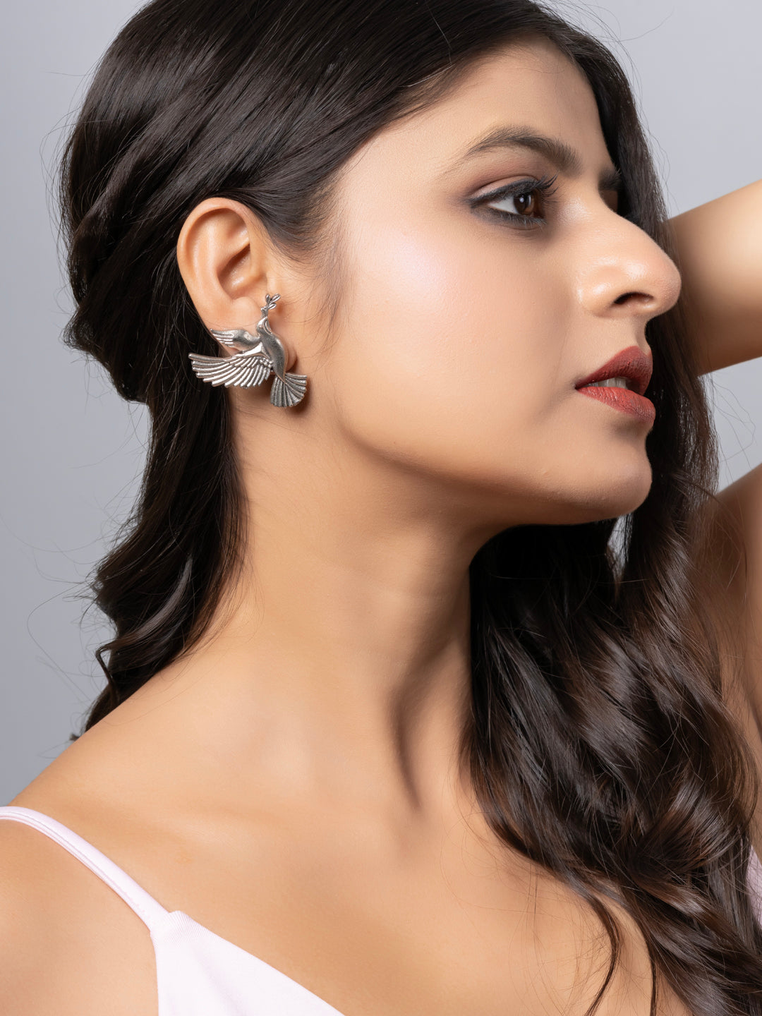 Quirky Oxidized Silver Bird Peace Statement Stud Earrings LOOK AND ADORN - designed for you