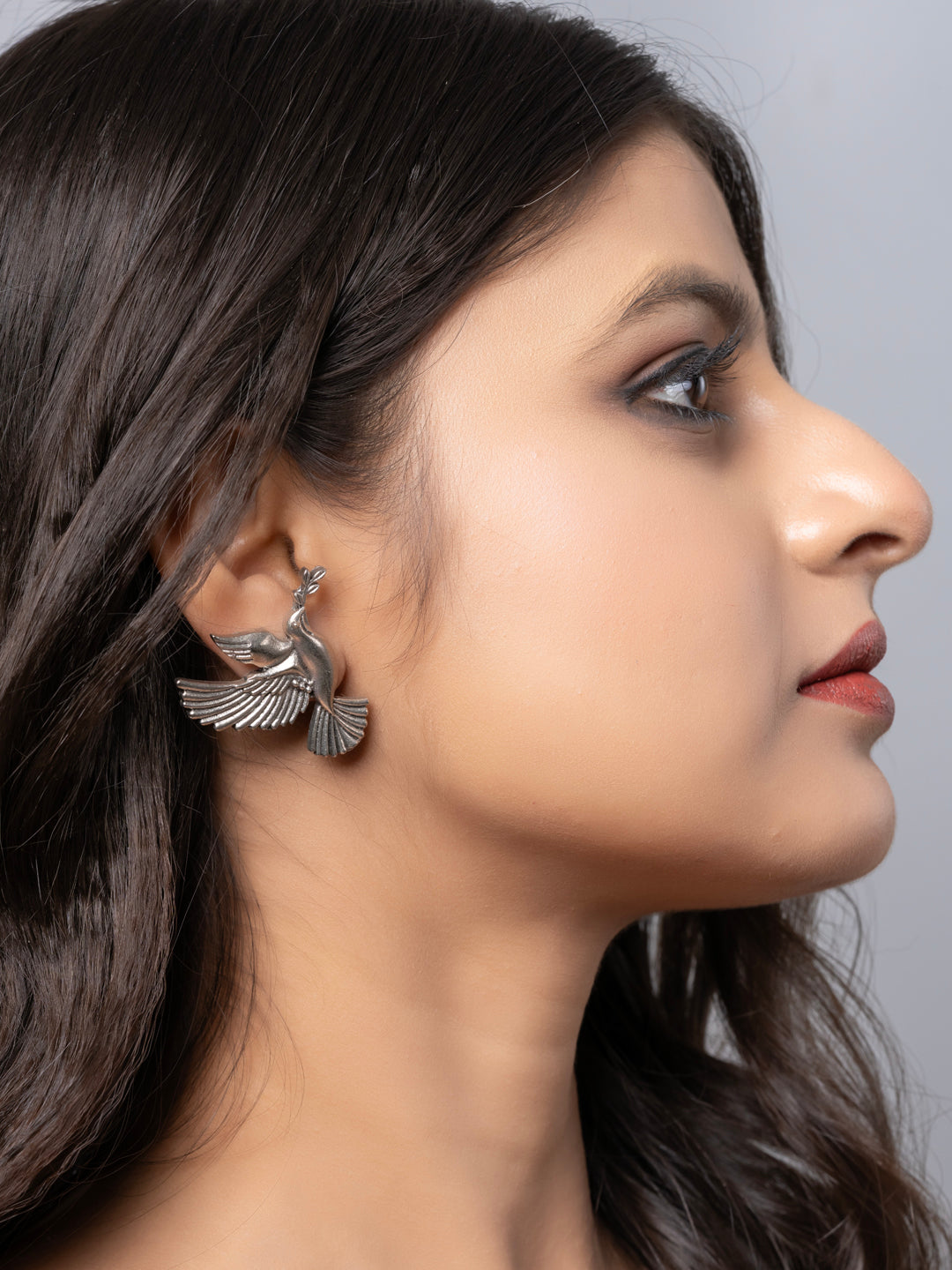Quirky Oxidized Silver Bird Peace Statement Stud Earrings LOOK AND ADORN - designed for you