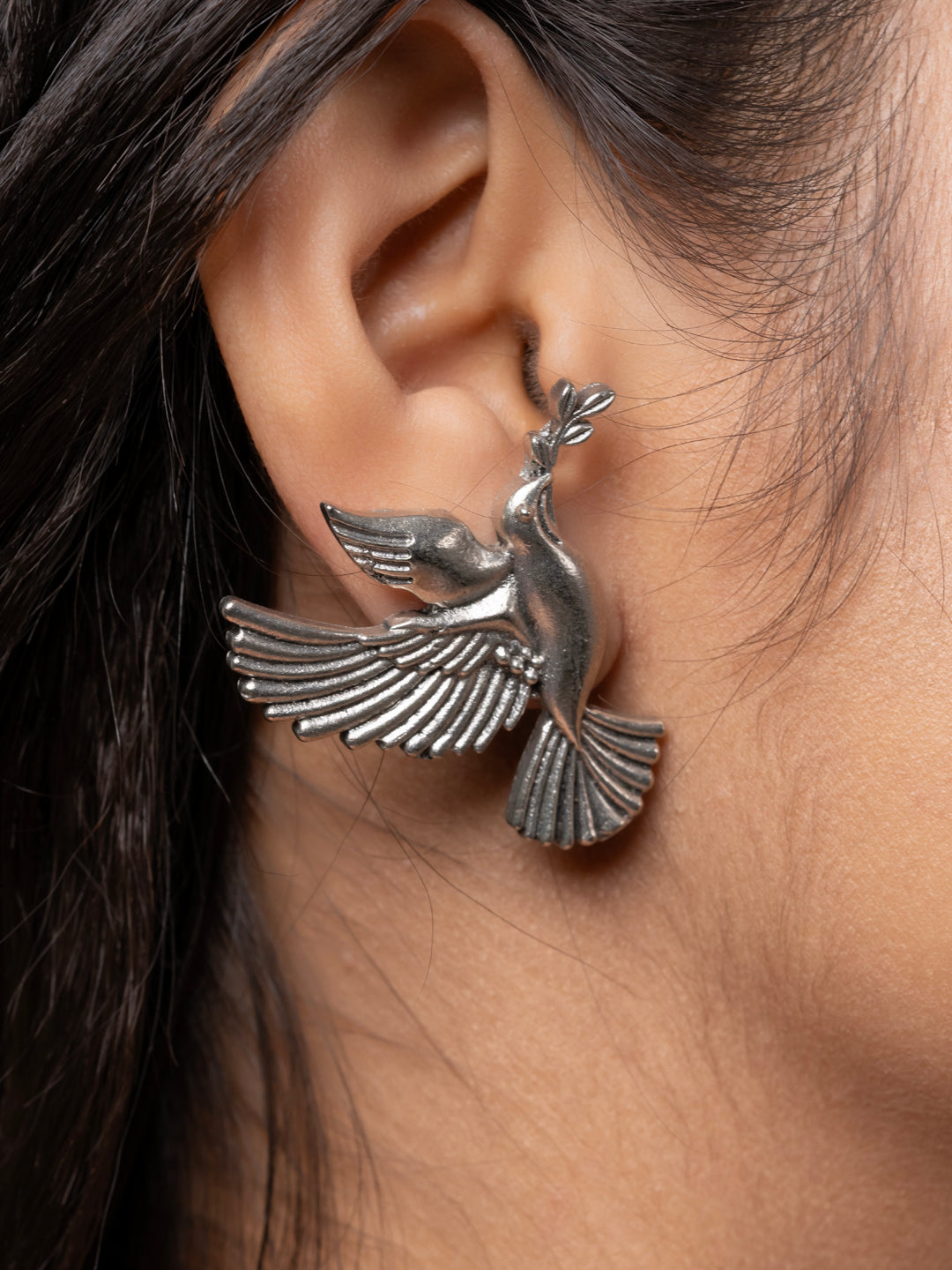 Quirky Oxidized Silver Bird Peace Statement Stud Earrings LOOK AND ADORN - designed for you