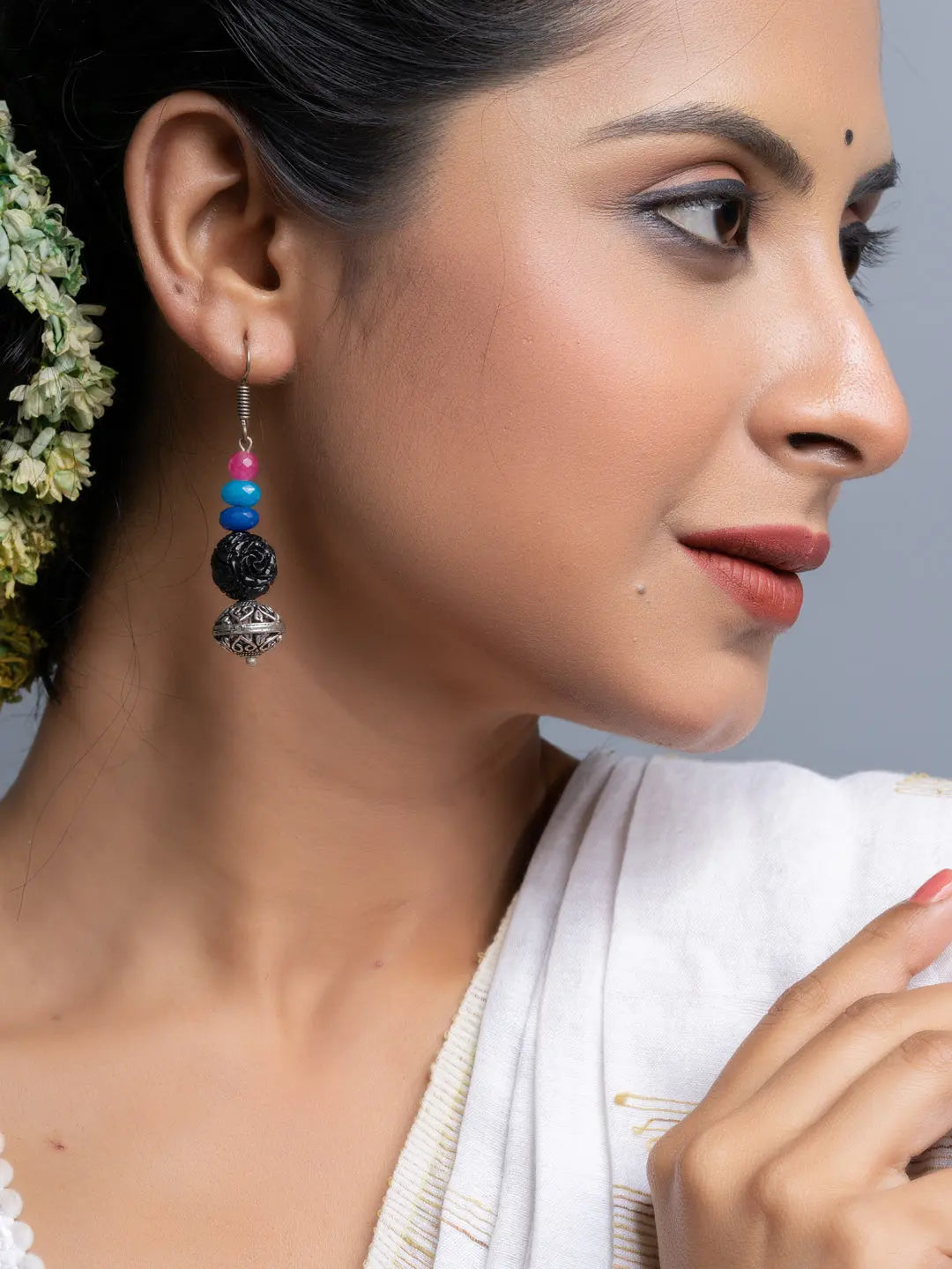 Carved Black Blue Green Onyx Earrings