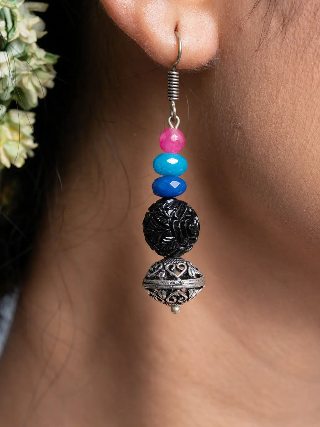 Carved Black Blue Green Onyx Earrings - Lookandadorn.com