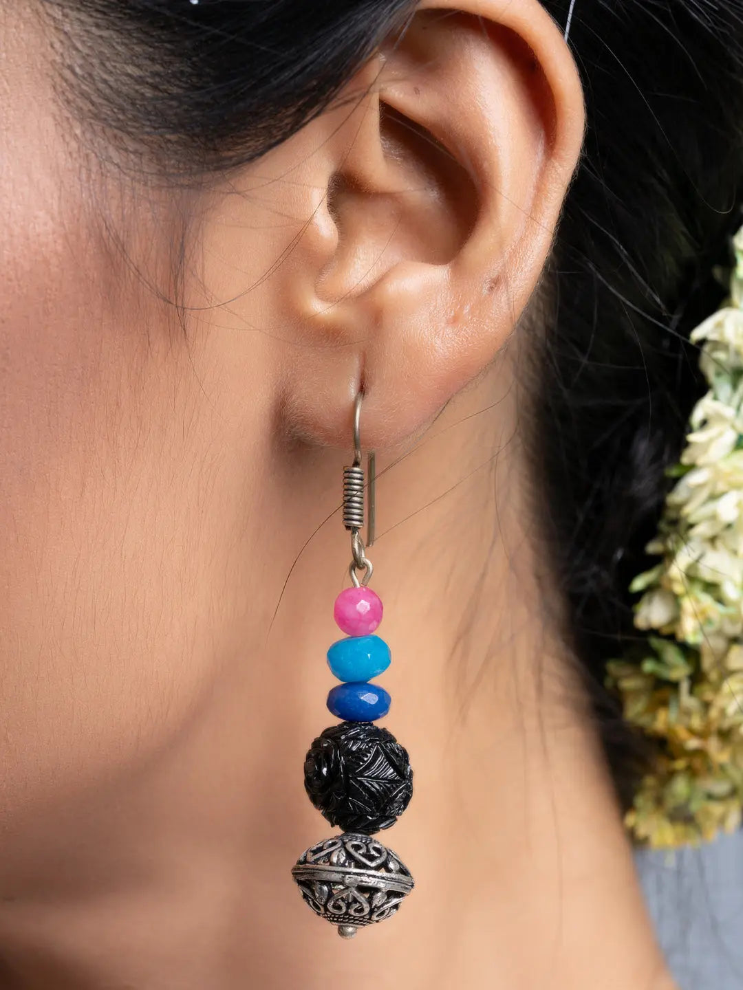 Carved Black Blue Green Onyx Earrings - Lookandadorn.com