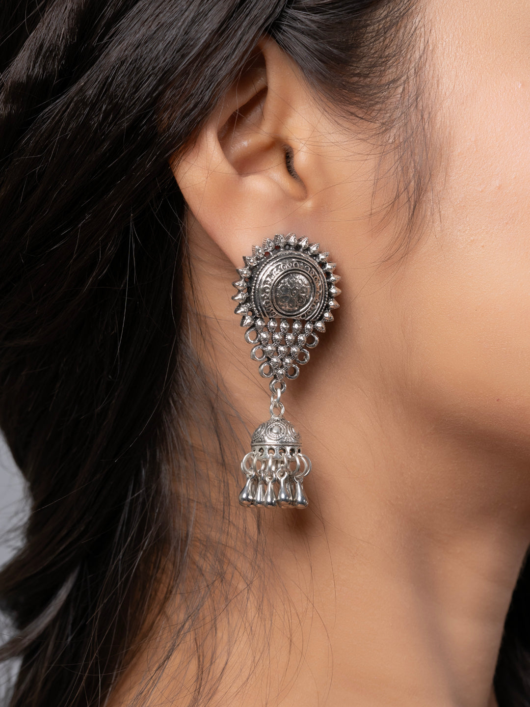 Oxidized German Silver Stud Jhumka Earring LOOK AND ADORN - designed for you