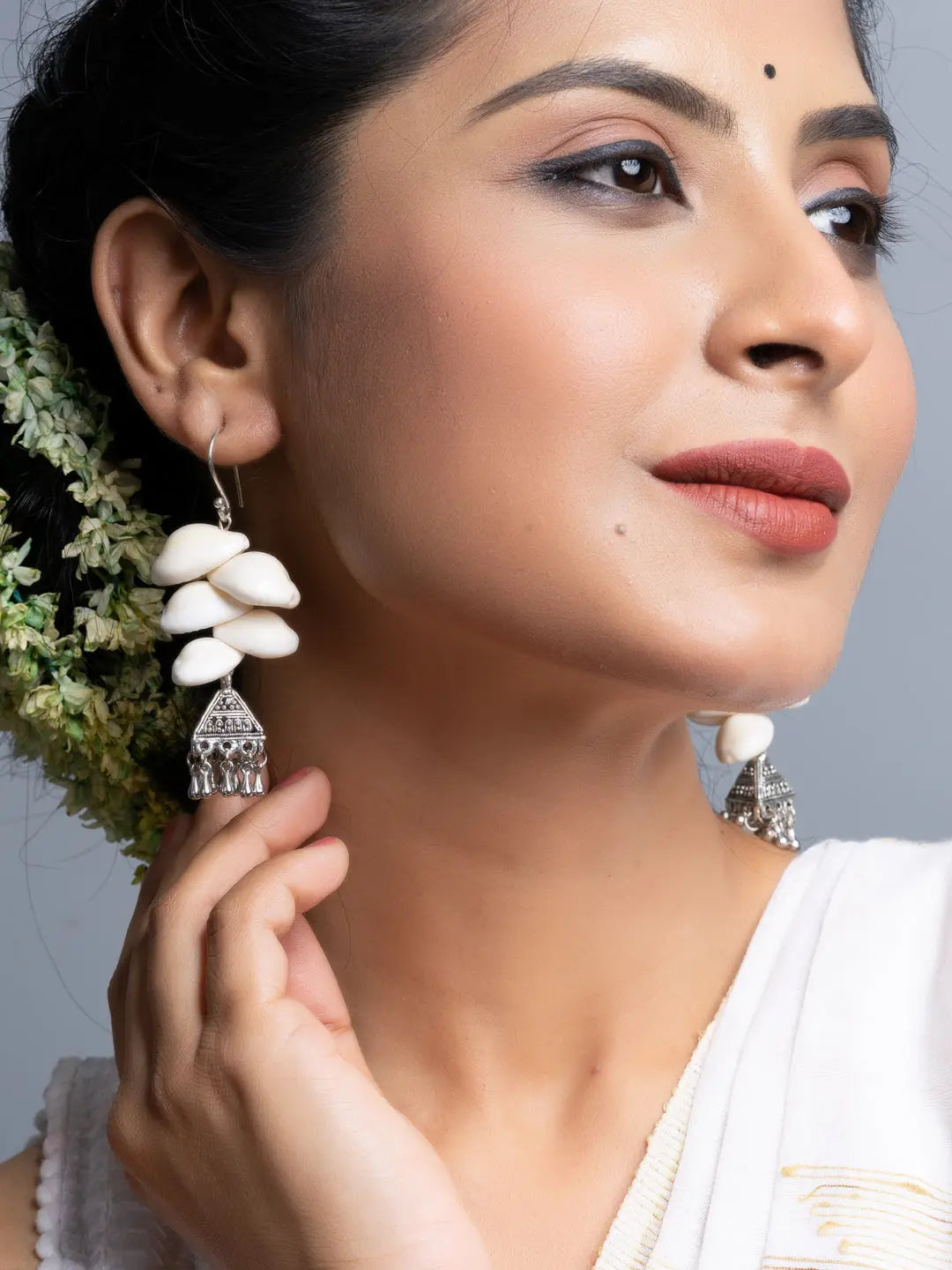 Cowrie German Silver Jhumka Earrings - Lookandadorn.com