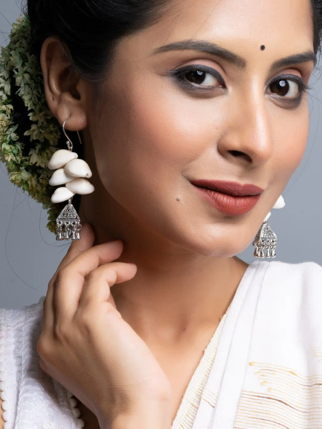 Cowrie German Silver Jhumka Earrings - Lookandadorn.com