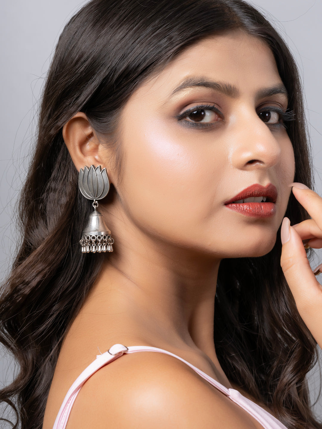 Quirky Oxidized Silver Lotus Floral Statement Stud Jhumka Earring LOOK AND ADORN - designed for you