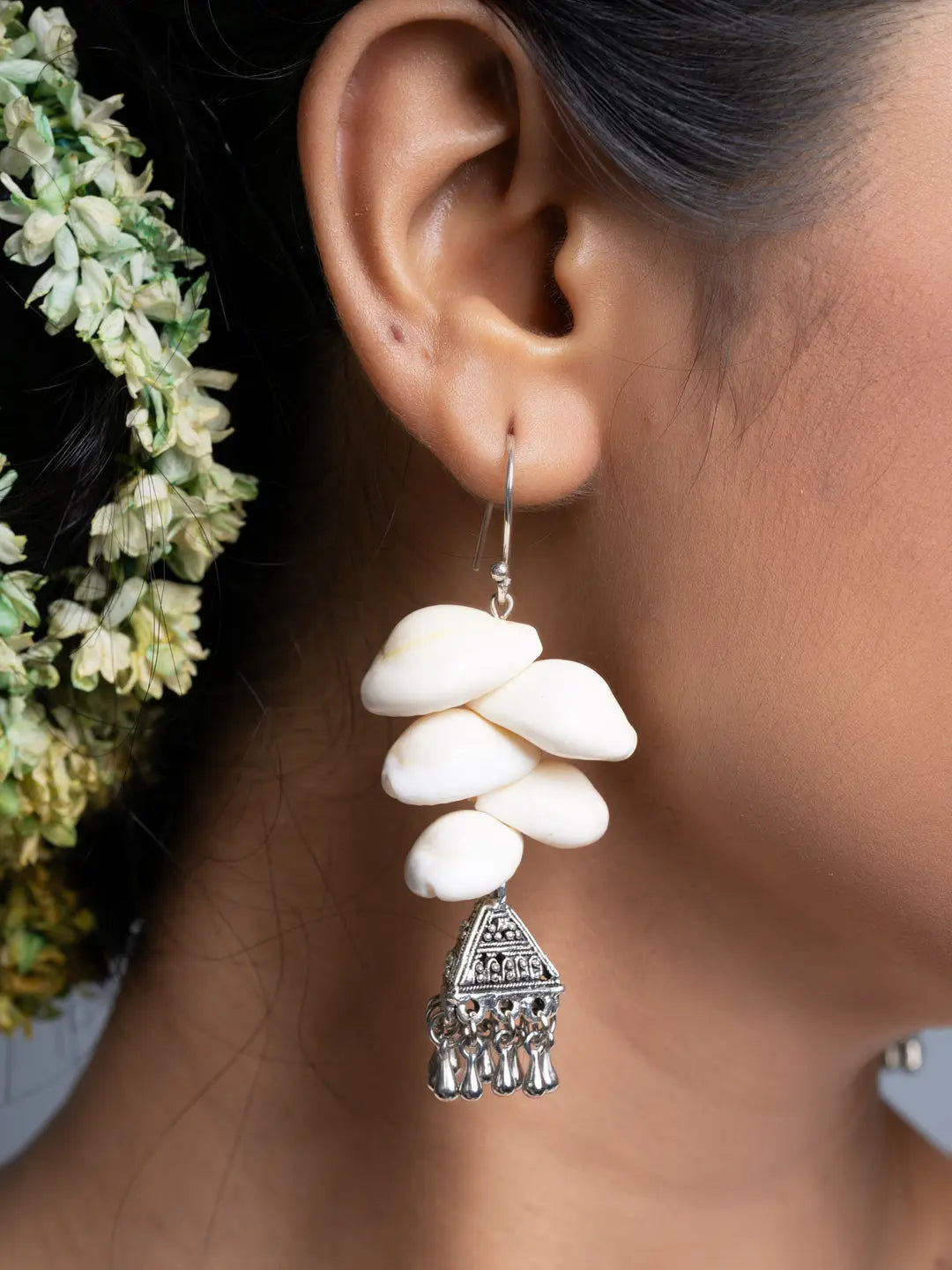 Cowrie German Silver Jhumka Earrings - Lookandadorn.com