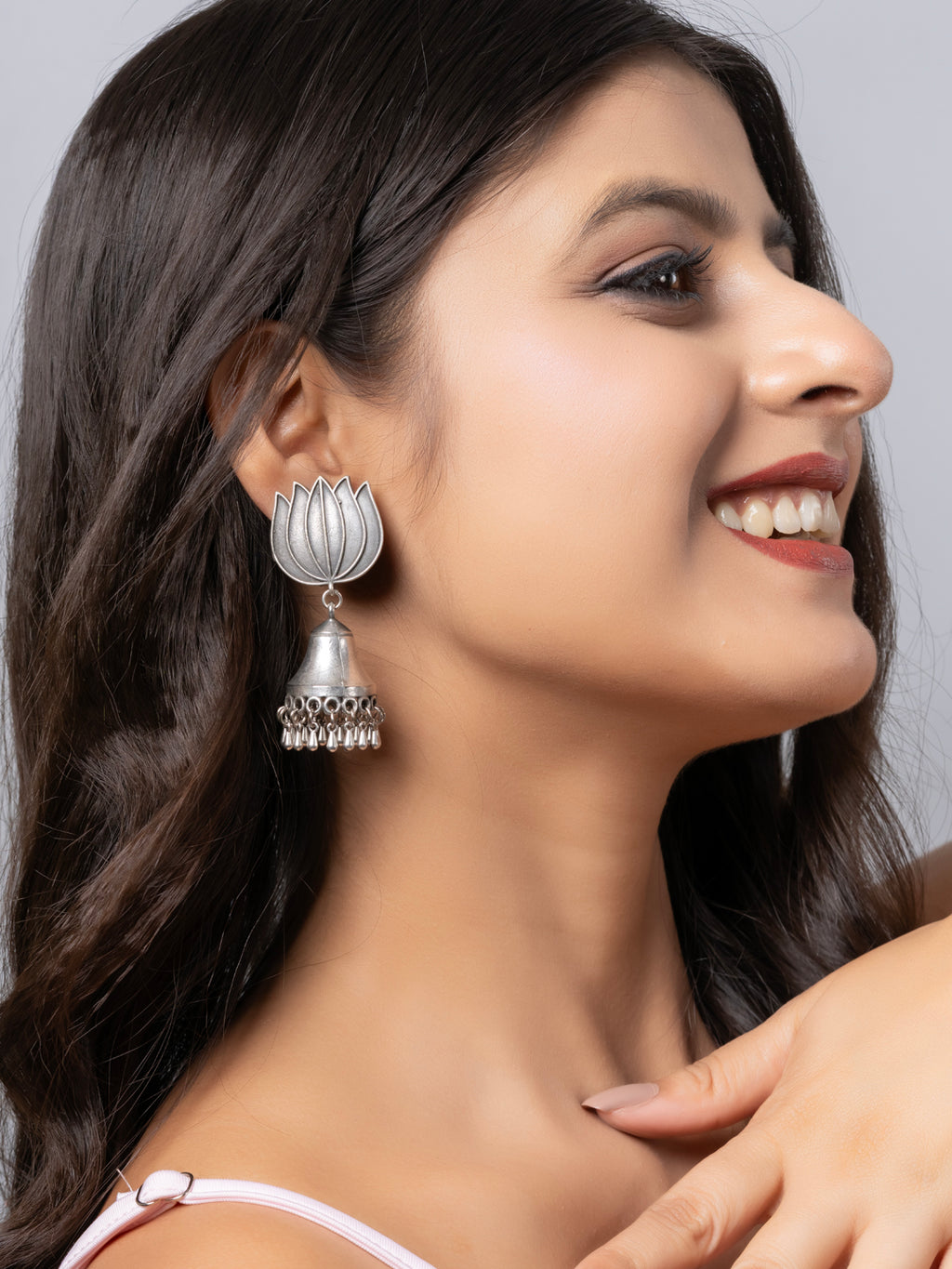 Quirky Oxidized Silver Lotus Floral Statement Stud Jhumka Earring LOOK AND ADORN - designed for you