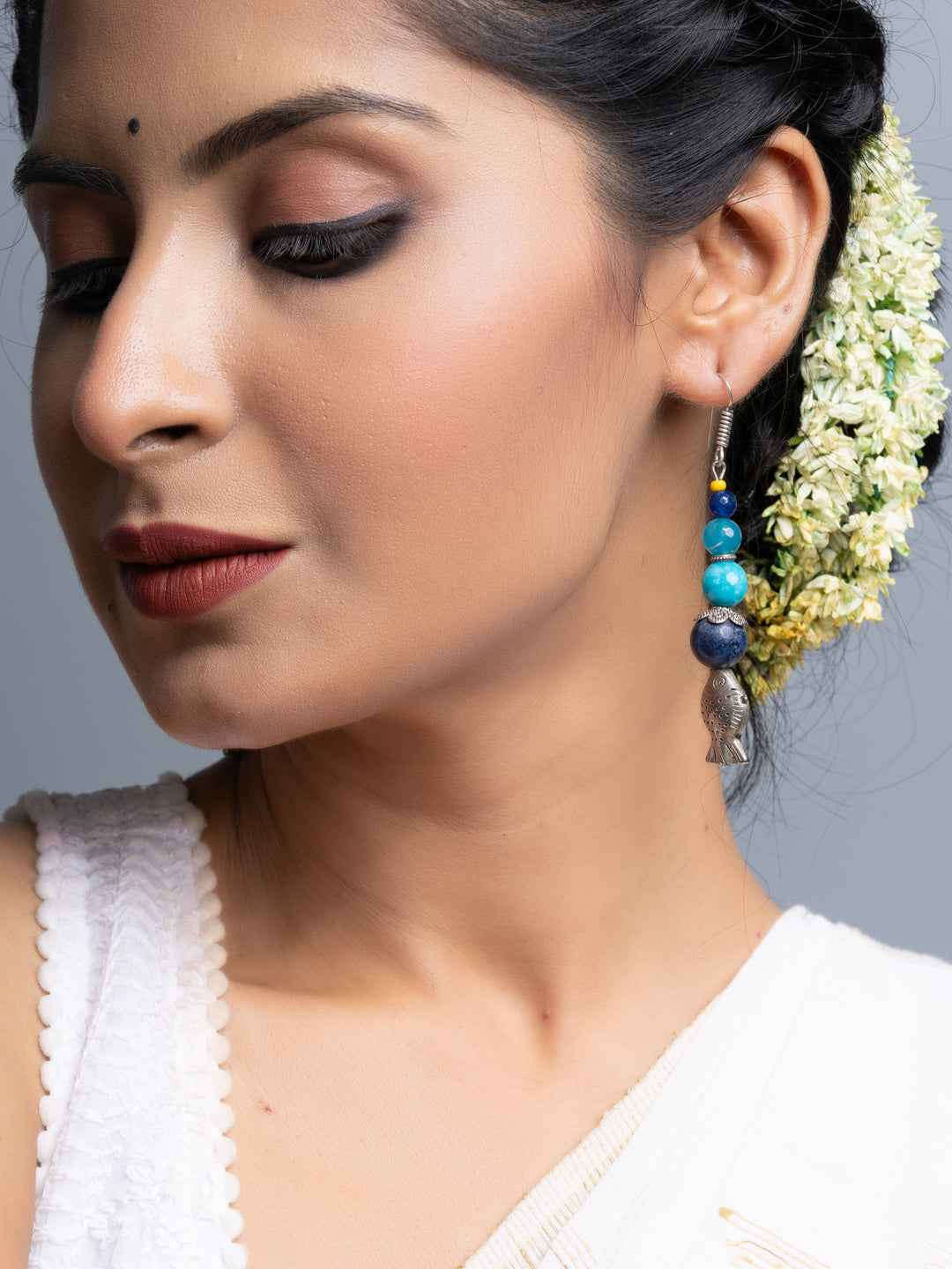 Lapis Onyx German Silver Fish Earrings